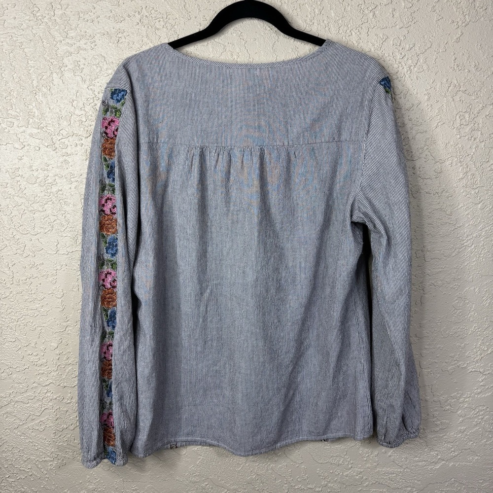 Sundance Striped Floral Embroidered Top Womens Lg Bohemian Peasant Boho Buttons - Picture 2 of 10